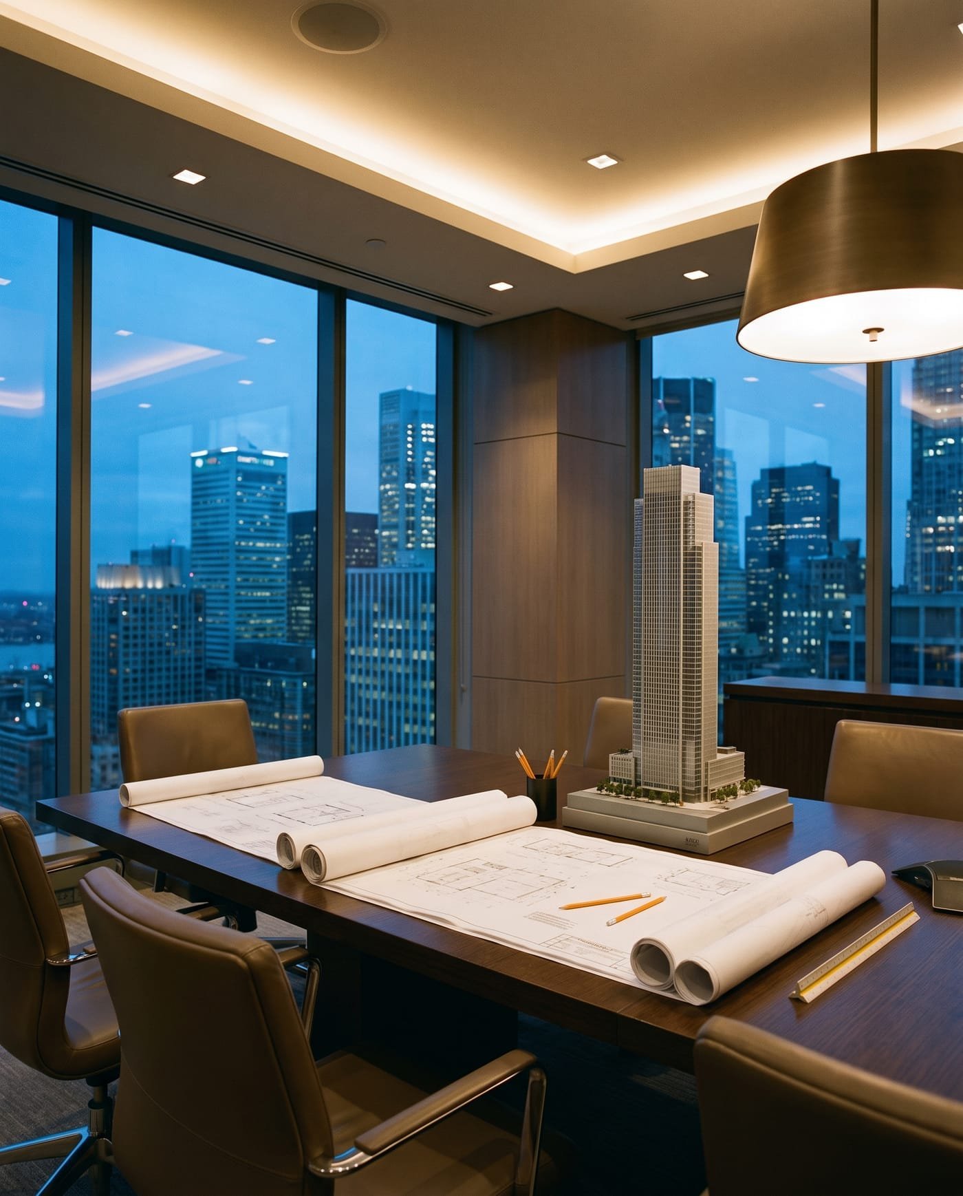 Sala de reuniones con vistas al distrito financiero, planos de un edificio sobre la mesa