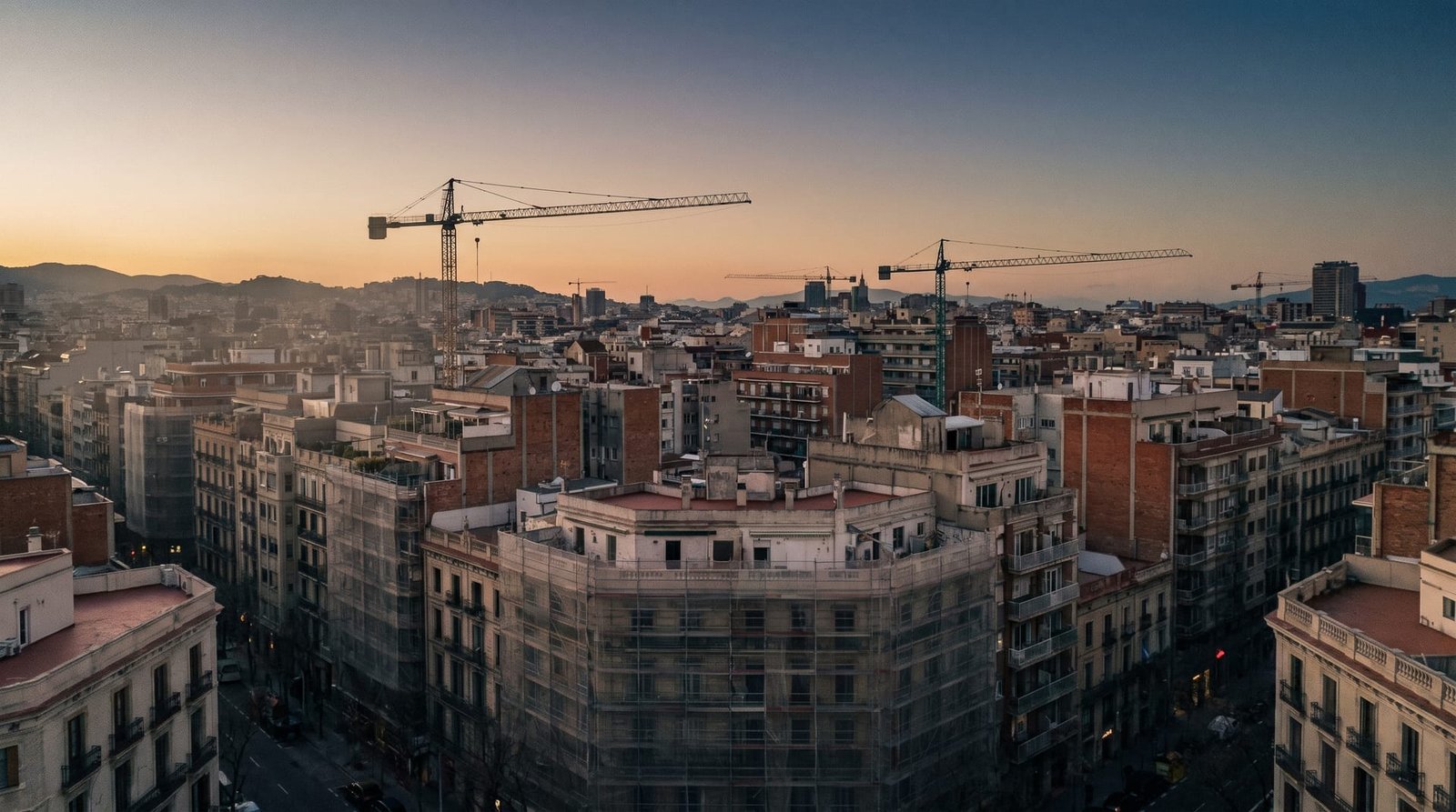 Skyline residencial de una ciudad española con grúas de rehabilitación al atardecer